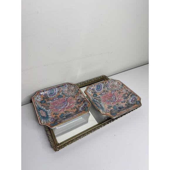 Set of Two Chinioserie Vintage Andrea by Sadek Floral Ceramic Square Trinket - Picture 2 of 9